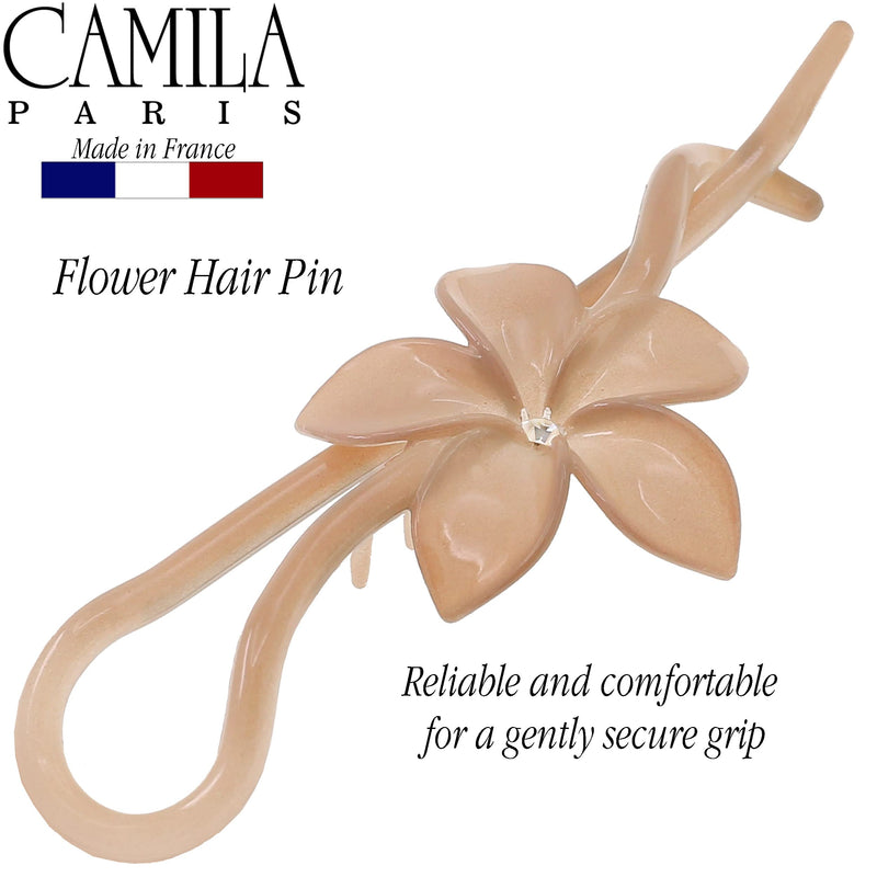 Camila Paris CP2411 French Hair Barrette Pin Clips for Girls, Flower, Beige, No Metal Parts, Strong Hold Grip Hair Clips for Women, No Slip and Durable Styling Girls Hair Accessories, Made in France - BeesActive Australia
