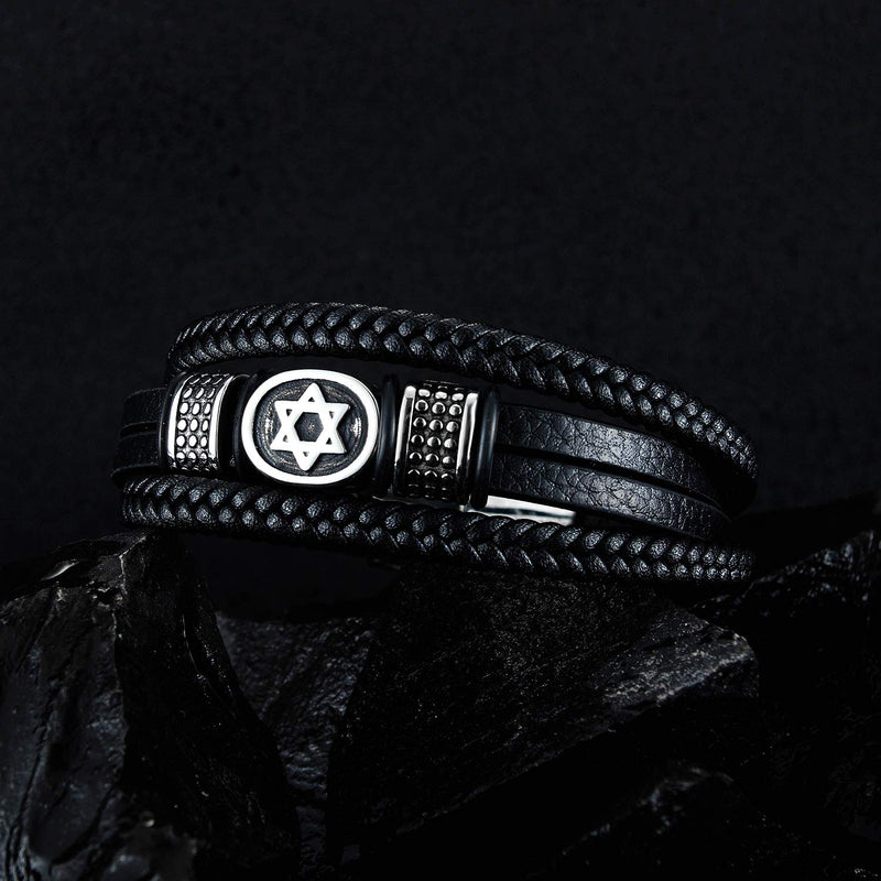 TEMICO Mens Black Leather Cuff Bracelet Multi-Layer Braided Leather Magen Star of David Bracelet Jewish Jewelry - BeesActive Australia