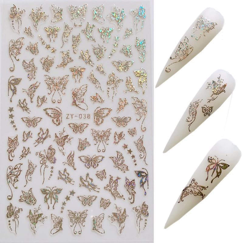 YESORNO 8 Sheets Gold Nail Art Stickers Metallic Butterfly Nail Stickers Manicure Adhesive DIY Nail Decals Laser Silver Nail Sticker A-1 - BeesActive Australia