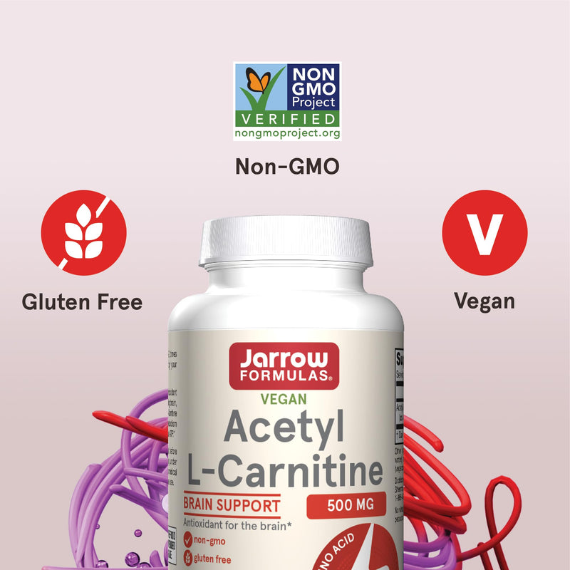 Jarrow Formulas Acetyl L-Carnitine Capsules - 500 mg - 60 Count - for Brain Health & Fatty Acid Metabolism - Vegetable Capsules - Non-GMO - Gluten Free 60 Servings (Pack of 1) - BeesActive Australia