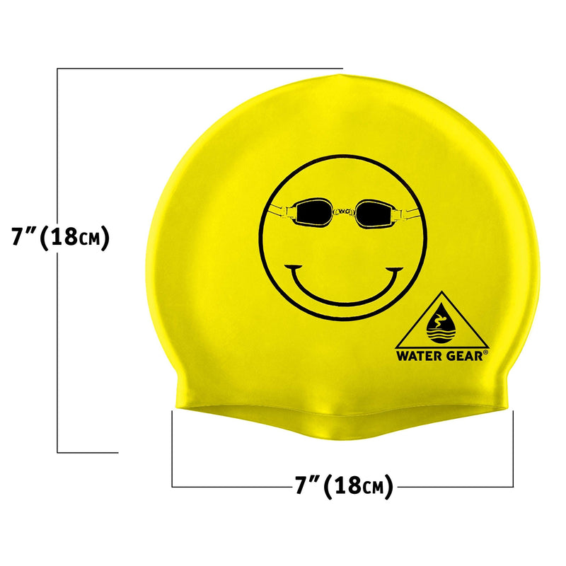 Water Gear Latex Swim Cap - Swimming Caps for Girls Long Hair - Waterproof Swimming Cap - Happy Face Black/Yellow - BeesActive Australia