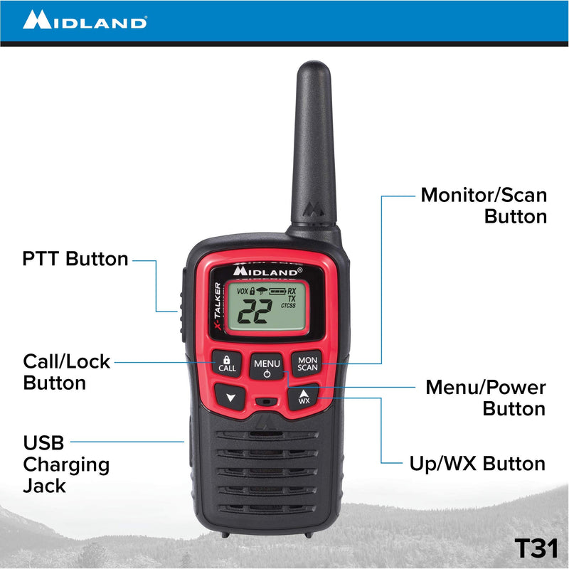 [AUSTRALIA] - Midland - X-TALKER T31VP, 22 Channel FRS Walkie Talkies - Extended Range Two Way Radios, 38 Privacy Codes, & NOAA Weather Alert (Pair Pack) (Black/Red) 2 Pack 