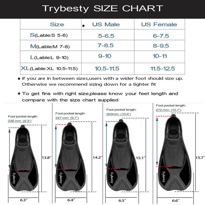 Trybesty Swim Fins,Short Snorkel Fins Travel Size Flippers for Snorkeling Diving Swimming Adult Men Women Black S(MEN:5-6;WOMEN:6-7) - BeesActive Australia
