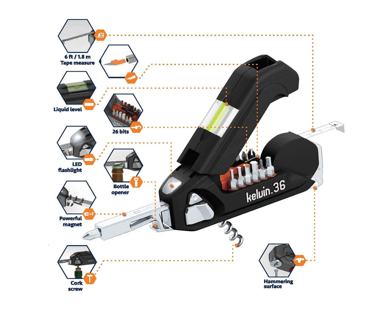 Kelvin Tools K-36 Multi-Tool Set, 36 Integrated Tools, 26 Bit Screwdriver Set, Tape Measure, Corkscrew (Black) KELVIN 36 Black 36 - BeesActive Australia