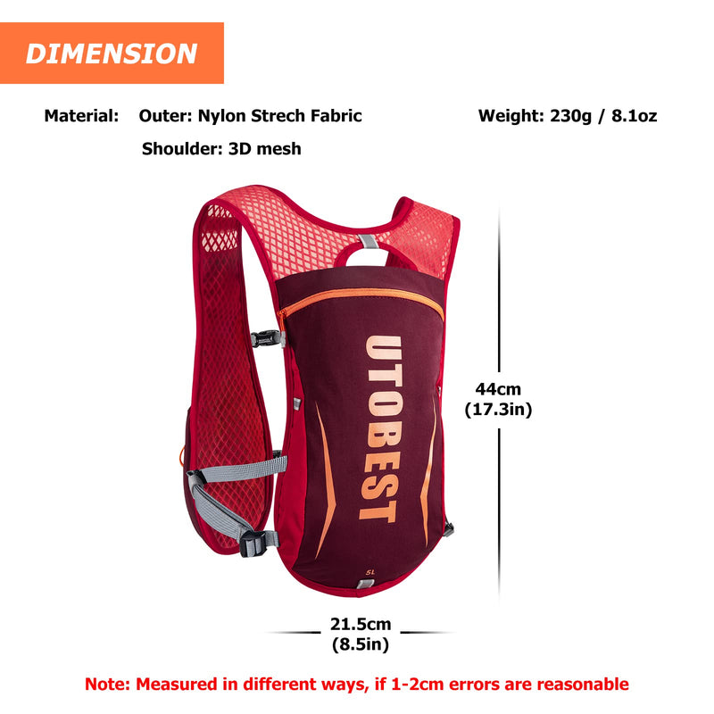 UTOBEST Hydration Running Vest for Men Women Hydration Pack 5L Lightweight Water Backpack for Trail Running Race Hiking Red Vest 5L - Only Vest - BeesActive Australia