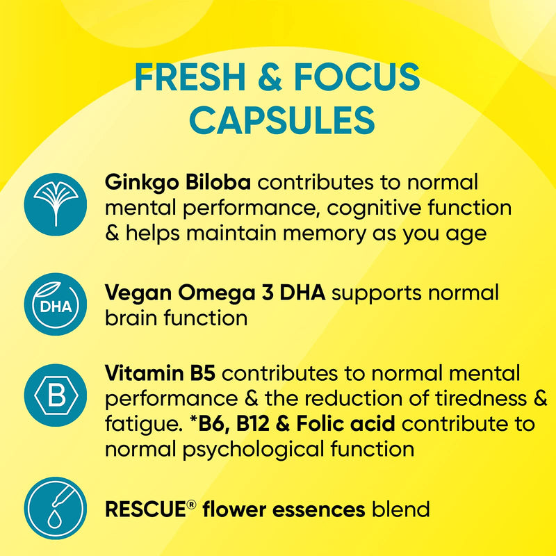 Rescue Fresh and Focus Capsules (30 Day Supply) Ginkgo Biloba, Omega 3 DHA, Vitamin B5, Flower Essences, Vegan Capsules, Sharpens the Mind for Focus - BeesActive Australia