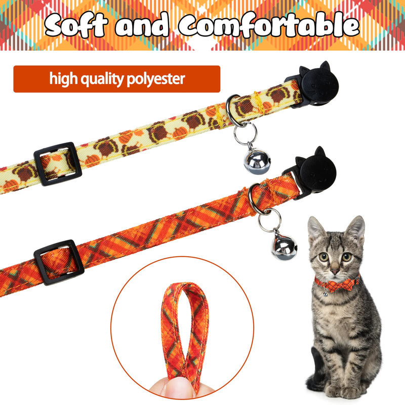 Thanksgiving Breakaway Cat Bowtie Collar with Bell Turkey Printing Plaid Cute Fall Kitten Accessories for Cat Puppy, Pack of 2 Turkey & Plaid - BeesActive Australia