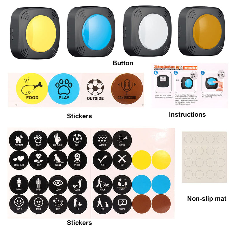 Dog Buttons for Communication - Set of 4 Recordable Communication Speech Buttons - Pet Training Buzzer - Talking & Speaking Button for Dog & Cat Training - Customized Sound - Dog Voice Command Buttons - BeesActive Australia