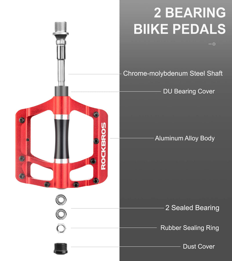 ROCKBROS Mountain Bike Pedals MTB Pedals Aluminum Bicycle Flat Platform Pedals Lightweight 9/16" Non-Slip Sealed Bearing for Road Mountain BMX MTB Bike Red - BeesActive Australia