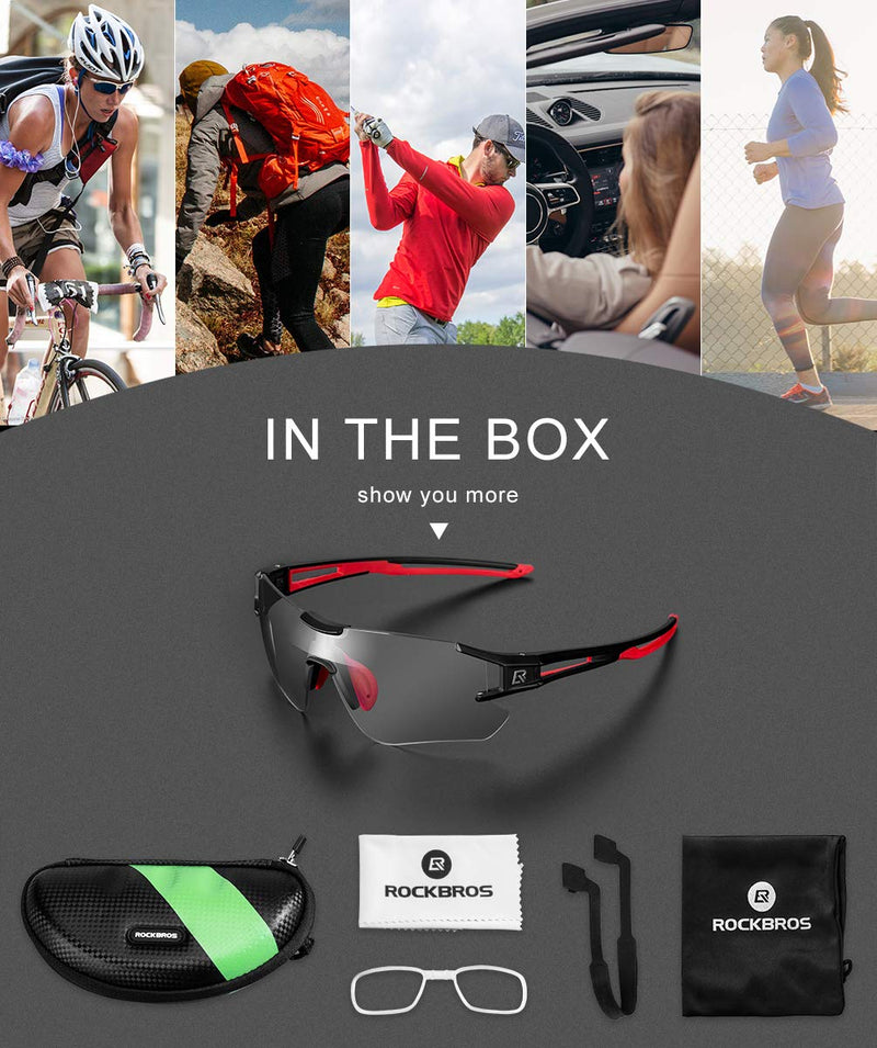 ROCKBROS Cycling Sunglasses Photochromic Bike Glasses for Men Women Sports Goggles UV Protection Black Red - BeesActive Australia