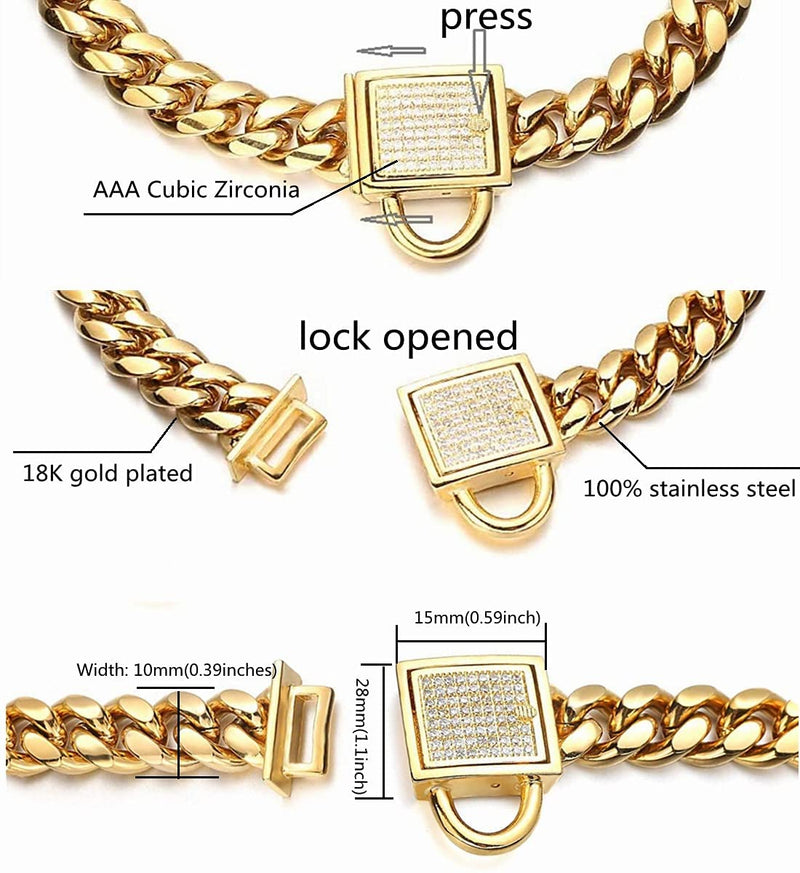 Aiyidi Gold Dog Chain Collar 10mm Wide Cuban Link Puppy Collar 316L Stainless Steel with CZ Diamond Lock Bling Collar for Large Medium Small Dogs 8inch (for 6''~7.5''dog's neck) - BeesActive Australia