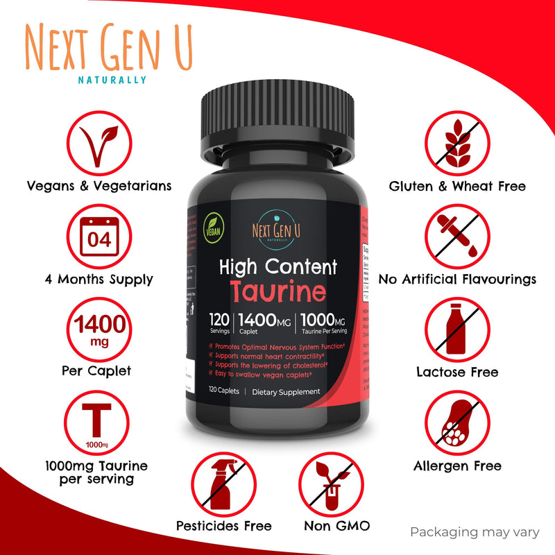 Taurine 1000 mg Food Supplement 120 Vegan Caplets, Dietary Health Supplement Helps Promote Immune & Central Nervous System Functions by Next Gen U - BeesActive Australia