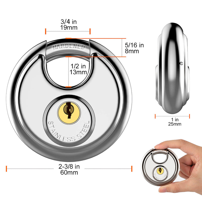 Puroma Stainless Steel Discus Keyed Padlock Waterproof and Rustproof Storage Lock with 3 Keys and 5/16 Inch Stainless Steel Shackle for Storage Facilities, Tool Box, Fence, Garage, and Outdoors-1 Pack 1 Small - BeesActive Australia