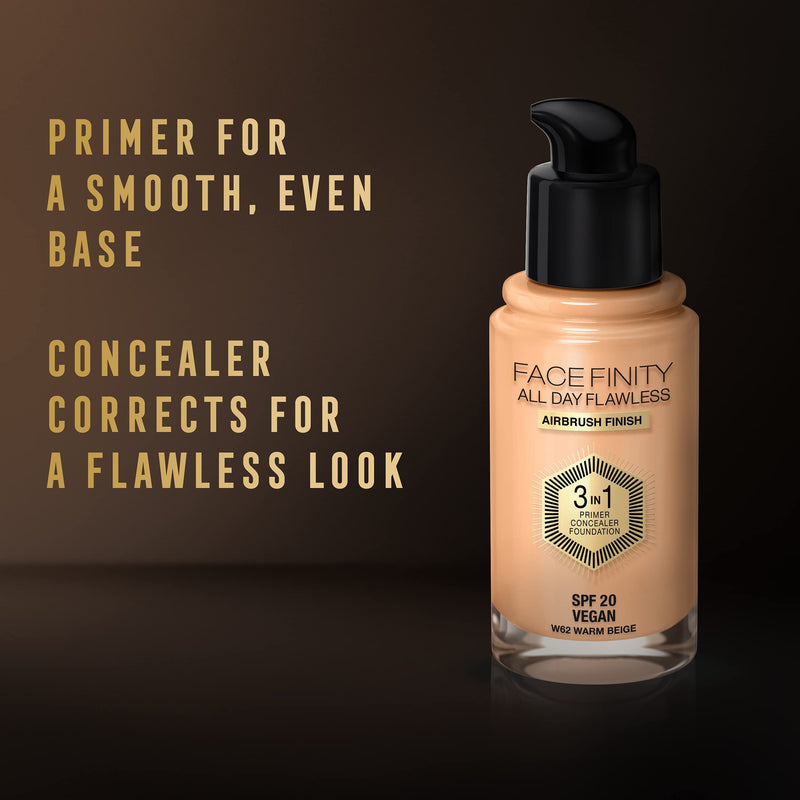 Max Factor Facefinity 3-in-1 All Day Flawless Liquid Foundation, SPF 20 - 62 Warm Beige, 30 ml - BeesActive Australia