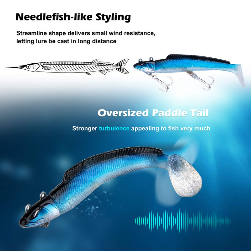 Goture Needlefish Soft Lures, Lead Head Jigs with Pre-Rigged Ultra-Sharp Realistic Swimbait for Trout Pike Walleye Saltwater/Freshwater Fishing Blue A /4.13’’ - 3/4 oz - BeesActive Australia