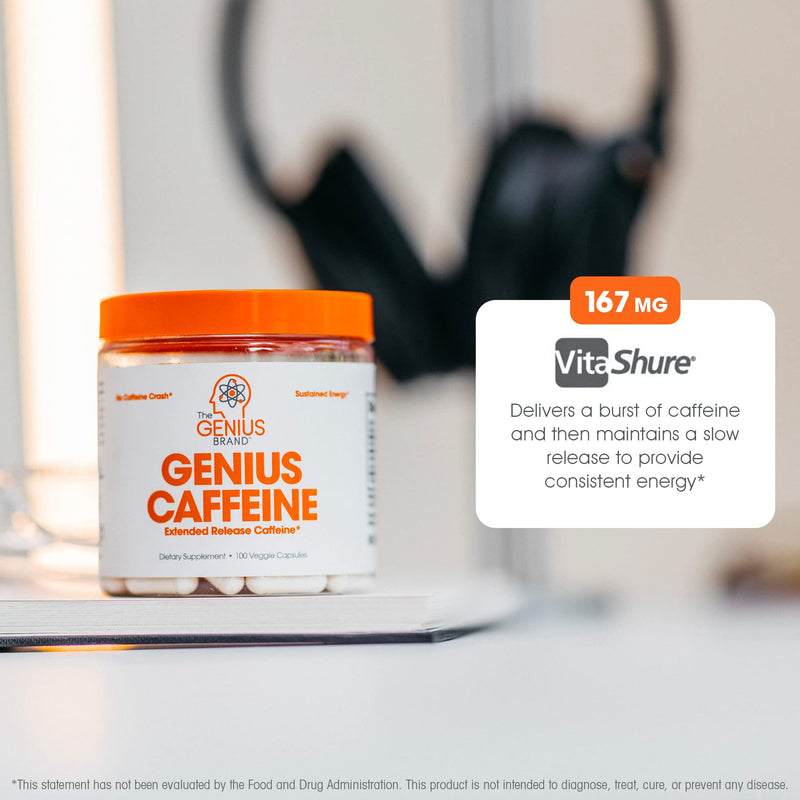 Genius Caffeine Pills 100mg, Extended-Release Microencapsulated Caffeine Pills - All-Natural Non-Crash Sustained Energy, Focus & Concentration Supplement - Nootropic Brain Booster - 100 Capsules - BeesActive Australia