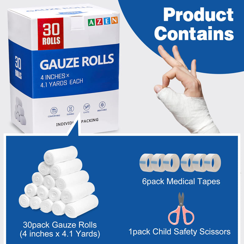 30 Pack Gauze Rolls, 4 in x 4.1 Yards, Premium Rolled Gauze, Gauze Wrap, Gauze Bandage Roll, Medical Supplies Use as First Aid Supplies A-30 - BeesActive Australia