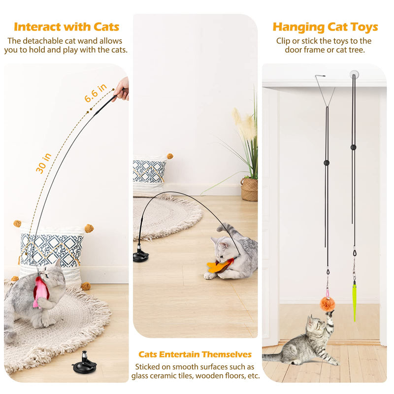 Cat Toys Wand, HOSFROLL Interactive Cat Toy with Super Suction Cup Sticky Detachable 12 PCS Feather Replacements 2 Wands Cat Spring Feather Toys for Indoor Cats Kitten Toys 10 Toy Replacement - BeesActive Australia