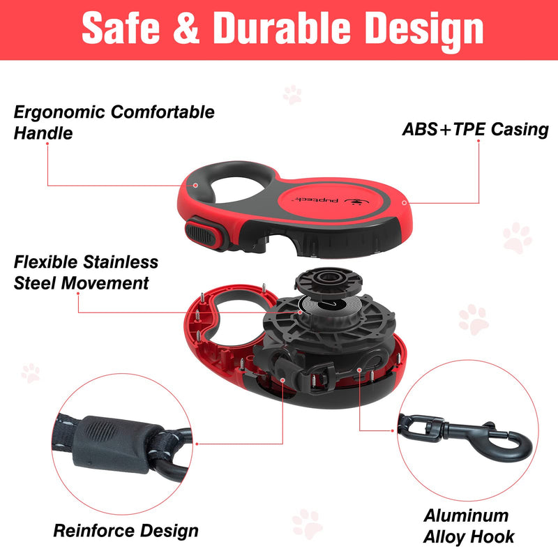 PUPTECK Retractable Dog Leash - Reflective Pet Walking Leash up to 110lbs for Small Medium Large Dogs, Heavy Duty 16ft 360-Degree Tangle-Free Lead, One-Hand Brake Red Chew Proof - BeesActive Australia