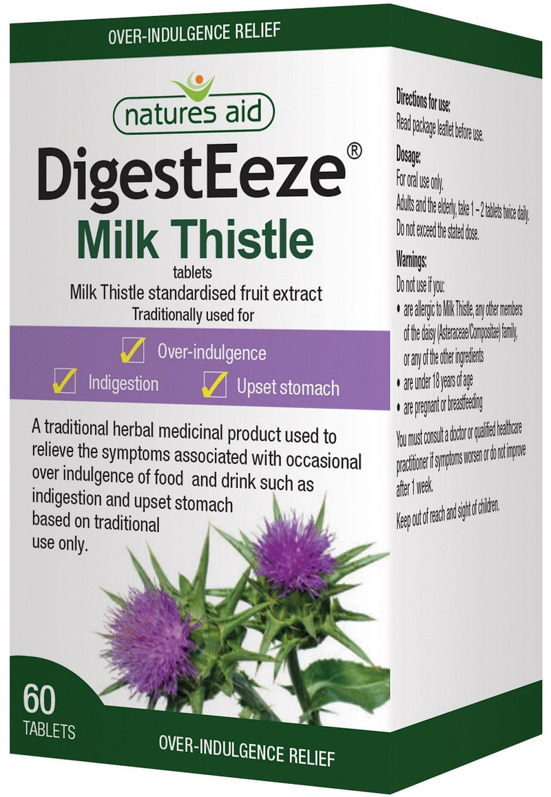 Natures Aid DigestEeze Milk Thistle, 60 Tablets (Relief of Over-Indulgence, Indigestion and Upset Stomach, Equivalent to 2750-6600 mg Milk Thistle, Made in the UK, Vegan Society Approved) (Pack of 4) - BeesActive Australia
