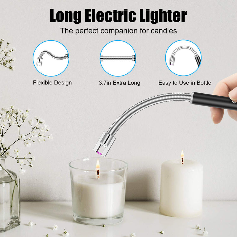 Candle Lighter, Rechargeable Electric Arc Lighter with 360° Flexible Neck LED Battery Display and Flameless Windproof Triple Safety Long Lighter (Black) Black - BeesActive Australia