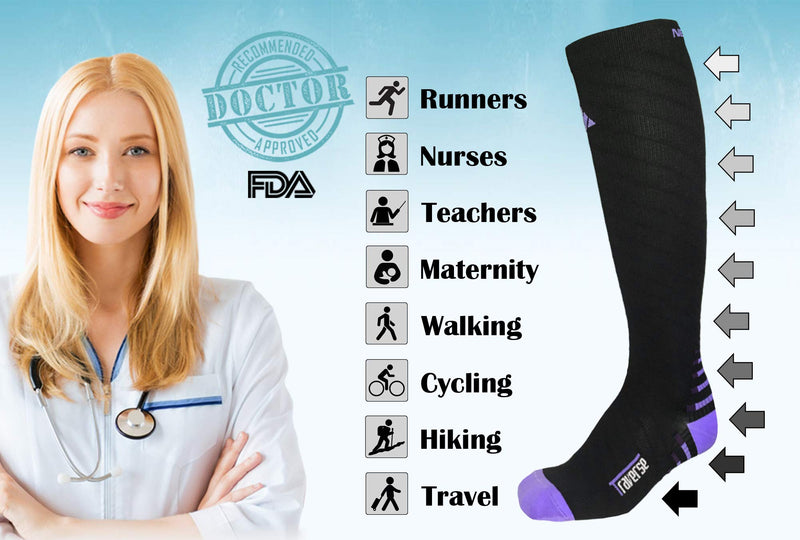 NEWMARK Compression Socks for Men & Women, Best Graduated Stockings for Runners, Nurse, Plantar Fasciitis, Hiking, Athletic (1 Pair) Black & Purple S/M (US Women 5.5-8.5 / Men 5-9) - BeesActive Australia