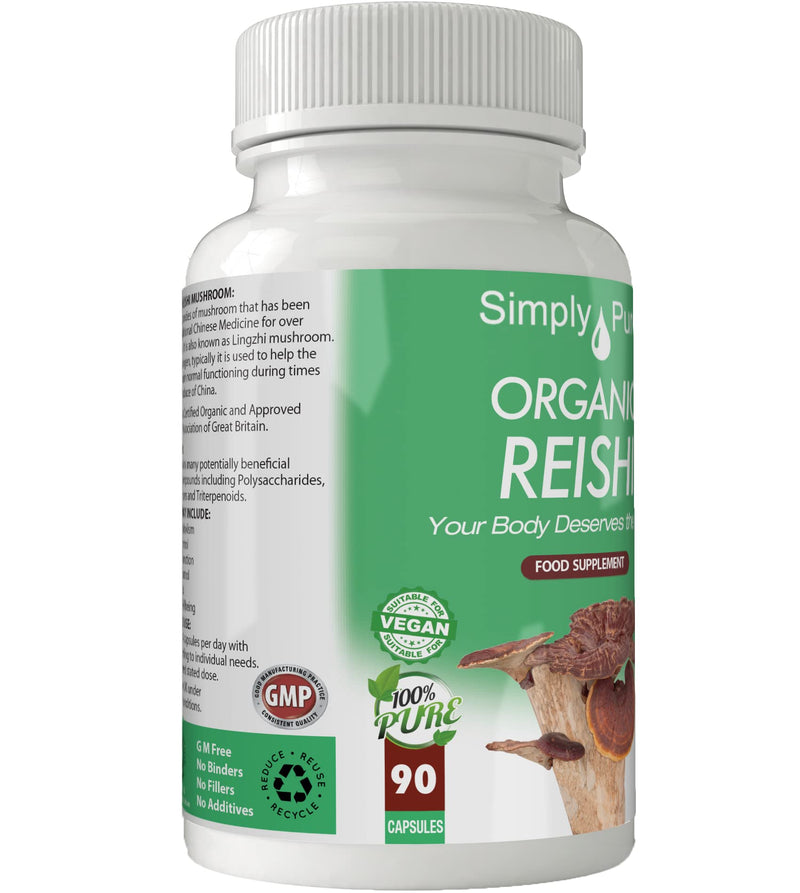 Simply Pure Organic Reishi Capsules x 90, 450mg, 100% Natural Soil Association Certified, Gluten Free, GM Free and Vegan. - BeesActive Australia
