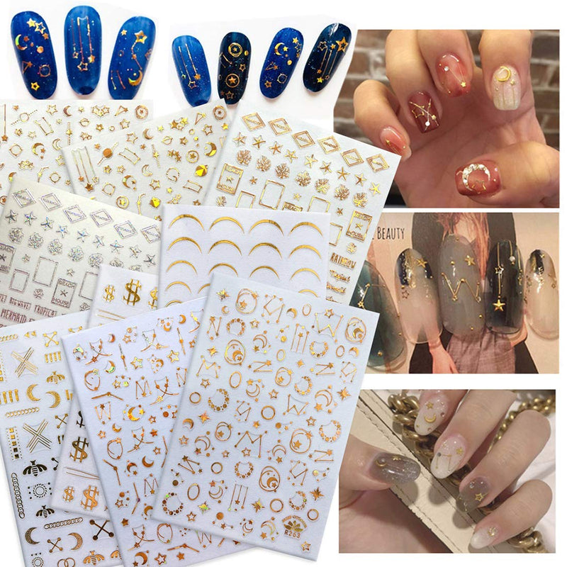 Stars Moon Nail Art Stickers 9 Sheets 3D Stars Moon Gold Metal Self-Adhesive Nail Art Design for Women Charm Decoration Decal Tips Manicure Accessories - BeesActive Australia