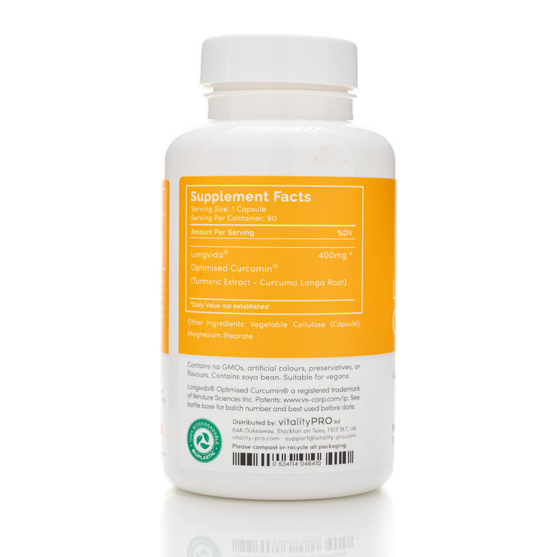 Longvida Curcumin 400mg x 90 Capsules - Authorised UK Supplier - 285x Increased Bioavailability - Natural Curcumin Supplement Vitality Pro - BeesActive Australia
