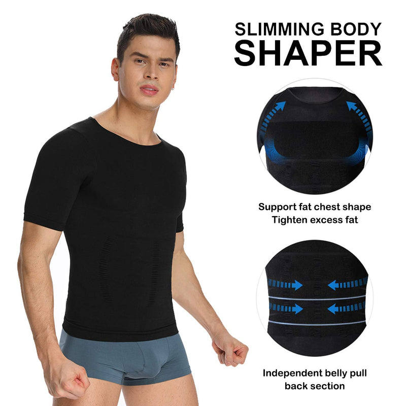 SLIMBELLE Men Compression Seamless Slimming Vest Waist Trainer Tank Top Control Tummy Hide Gynecomastia Man Chest Fat Shirt Black (Short Sleeve) Medium - BeesActive Australia