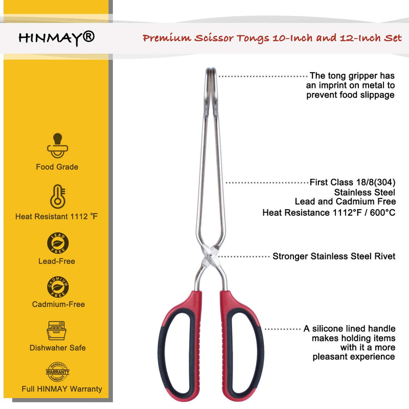 HINMAY Stainless Steel Scissor Tongs 10-Inch and 12-Inch Set, Set of 2 10-Inch + 12-Inch - BeesActive Australia