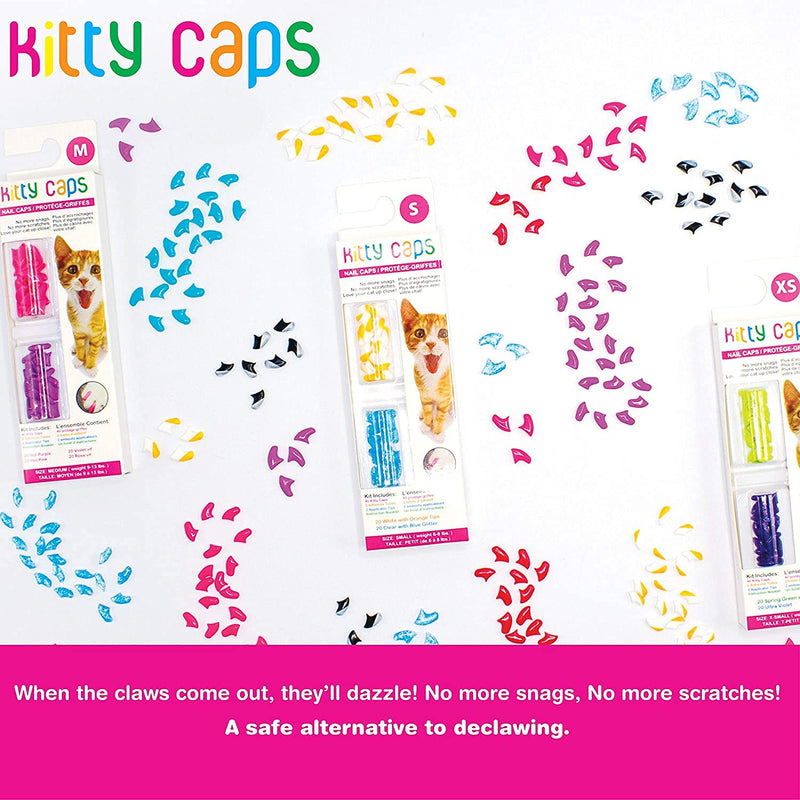 Kitty Caps Nail Caps for Cats - Cat Claw Covers in White with Orange & Clear with Blue Glitter - Safe, Stylish & Humane Alternative to Declawing - Stops Snags and Scratches - Cat Claw Caps Small (6-8 lbs) 1-Pack - BeesActive Australia