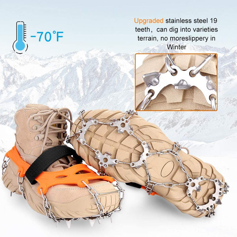 VANGAY Crampons Ice Cleats for Shoes Boots Women Men 19 Spikes Stainless Steel Spikes Traction Snow Grips Microspikes Snow Grips for Hiking Climbing Fishing Orange Large - BeesActive Australia