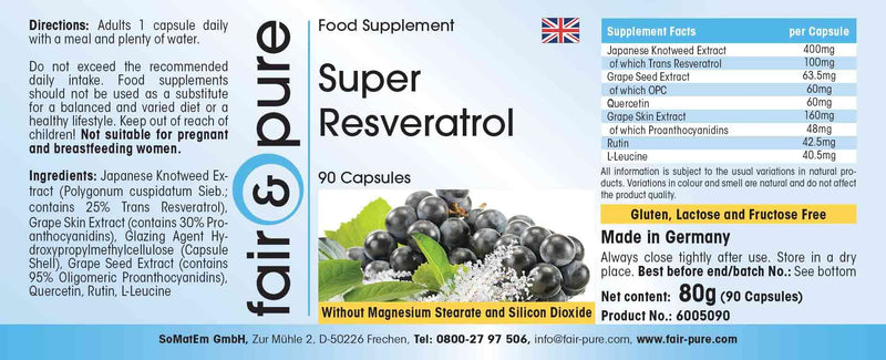 Super Resveratrol, Natural Trans-resveratrol from Knotweed and bioflavonoids (quercetin, Rutin, OPC), Vegan, 90 resveratrol Capsules - BeesActive Australia