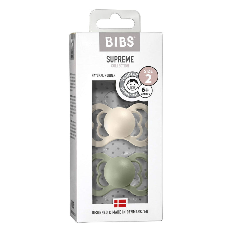 BIBS Pacifiers - Supreme Collection | BPA-Free Baby Pacifier | Made in Denmark | Set of 2 Ivory/Sage Color Premium Soothers | Size 6-18 Months - BeesActive Australia