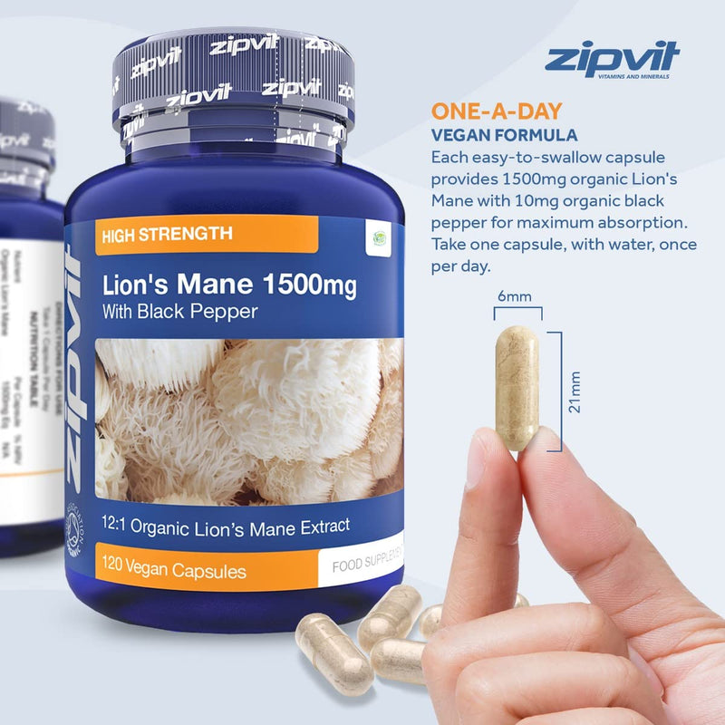 Organic Lions Mane Capsules 1500mg - 120 Vegan Lions Mane Supplement Capsules. Lions Mane Mushroom with Organic Black Pepper For Focus - BeesActive Australia