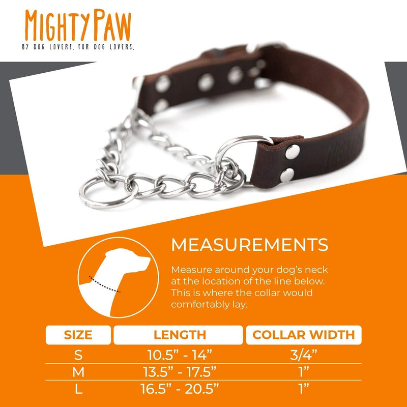 Mighty Paw Leather Training Collar, Martingale Collar, Stainless Steel Chain - Premium Quality Limited Chain Cinch Collar. Medium Brown - BeesActive Australia