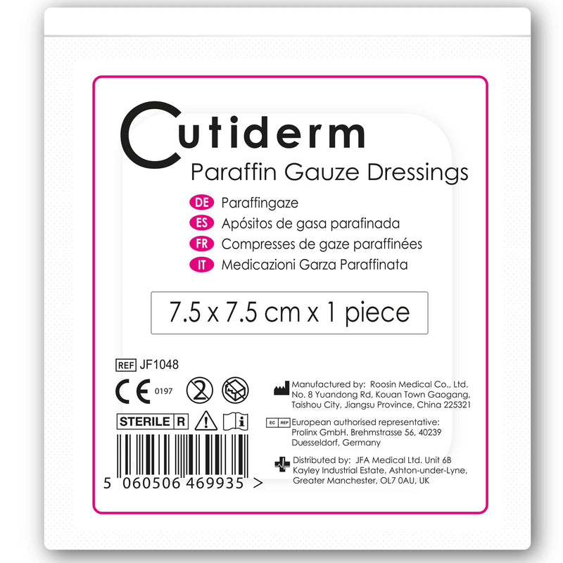 Pack of 20 Cutiderm Sterile Paraffin Gauze Dressing 7.5cm x 7.5cm - Suitable for Superficial and Partial Thickness Burns, Skin Loss Wounds, abrasions and Traumatic Injuries 7.5cm x 7.5cm (Pack of 20) - BeesActive Australia