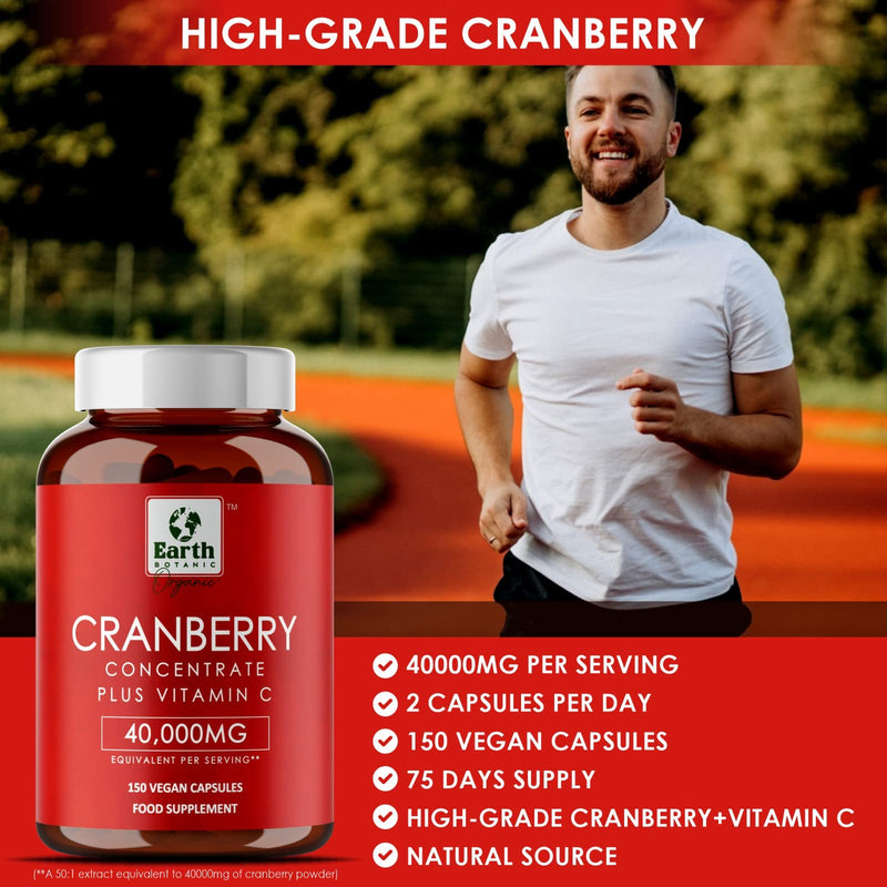Earth BOTANIC Organic Cranberry Capsules 40,000mg High Strength | 150 Concentrated Pills Cranberry Extract Complex with Vitamin C Supplements - BeesActive Australia