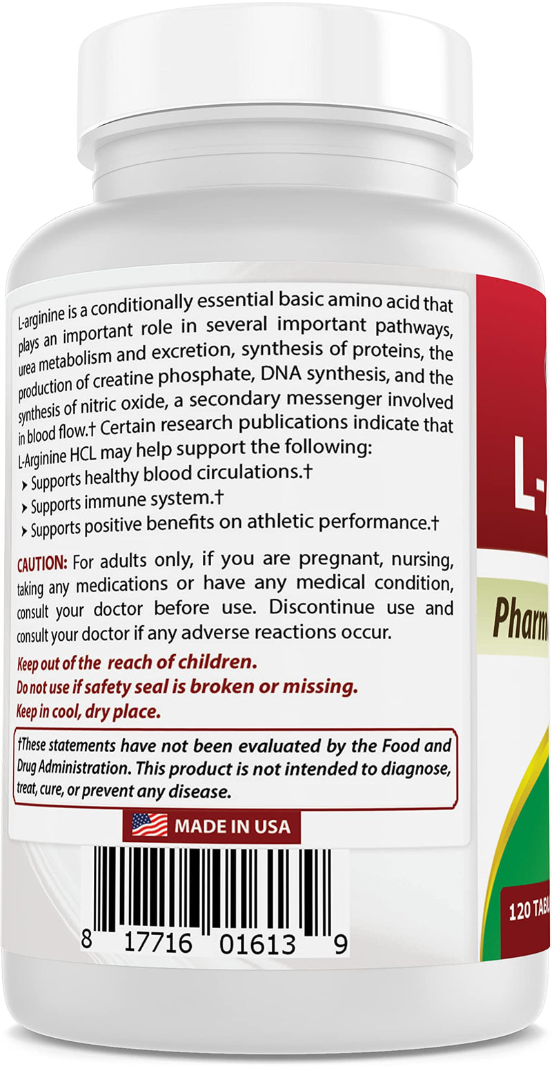 (New Improved Formula) Best Naturals L-Arginine 1000 mg 120 Tablets - Pharmaceutical Grade L Arginine Supplement Promotes Nitric Oxide Synthesis 120 Count (Pack of 1) - BeesActive Australia