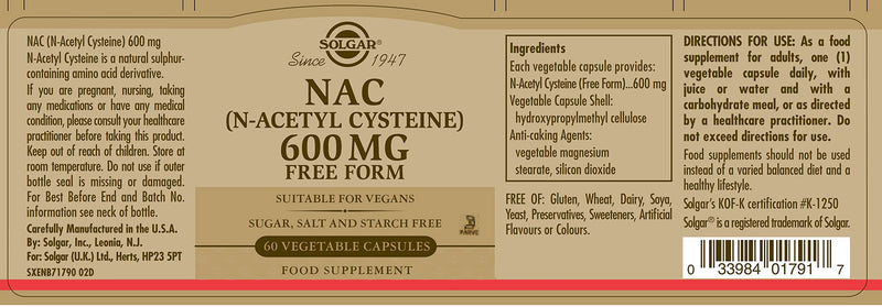 Solgar NAC (N-Acetyl-L-Cysteine) 600 mg Vegetable Capsules - Pack of 60 - Healthy Skin, Hair and Nails - Vegan - BeesActive Australia