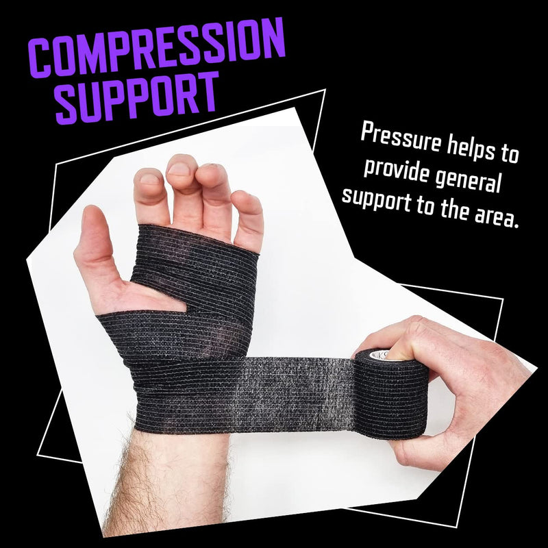 Inksafe Black Self Adherent Cohesive Bandages 5cm x 4.5m Box of 12 - Uses Include Tattoo Grip Wrap, Vet Wrap, Tape for Wrist and Ankle Sprains - BeesActive Australia