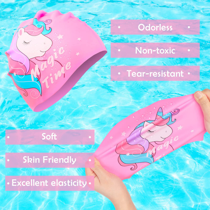 Kids Swim Caps for Girls (Age 4-8), Durable Waterproof Silicone Swimming Cap for Short/Long Hair with Swimming Goggles, Ear Plug and Nose Clip - BeesActive Australia