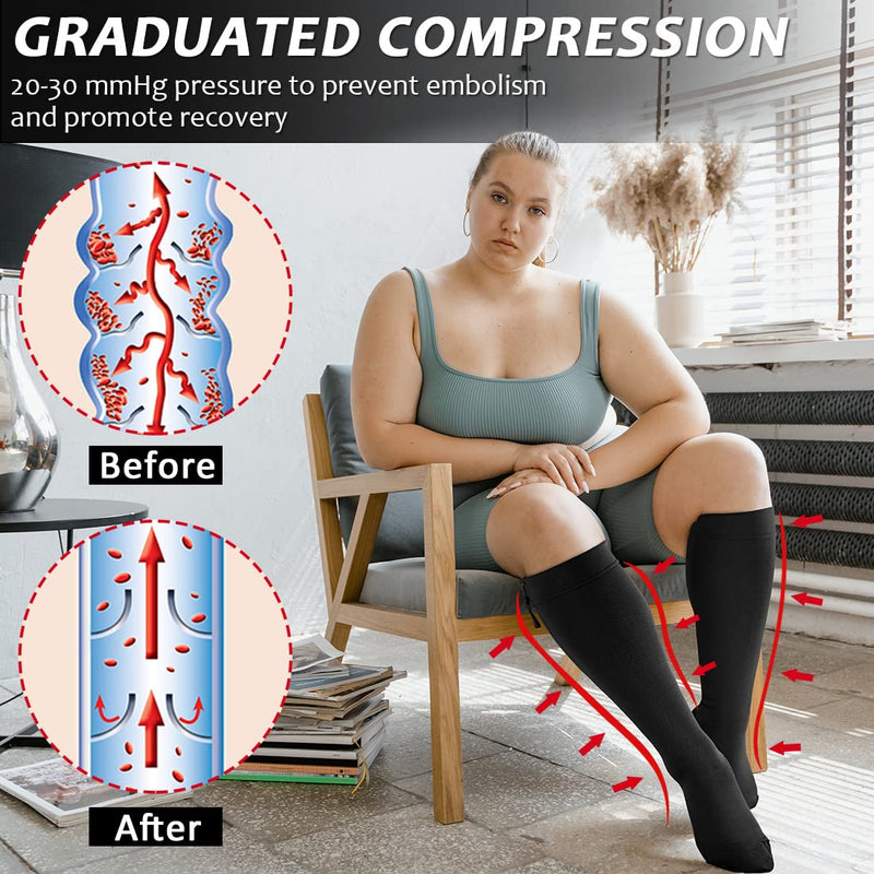 Ailaka Zipper Compression Socks for Men Women - 20-30 mmHg Close Toe Knee High Medical Compression Socks with Zipper, Zip Up Socks for Varicose Veins, Edema, Recovery, Pregnant, Nurse XX-Large (1 Pair) Black - BeesActive Australia