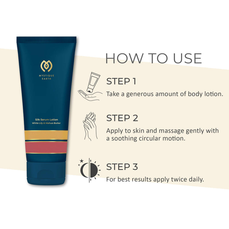 Mystique Earth Silk Serum Lotion | Dry to Oily Skin Reduce Wrinkles Deep Nourishment | White Lily & Mahua Butter | Sulphate Free Paraben Free | 6.7 Fl Oz - BeesActive Australia