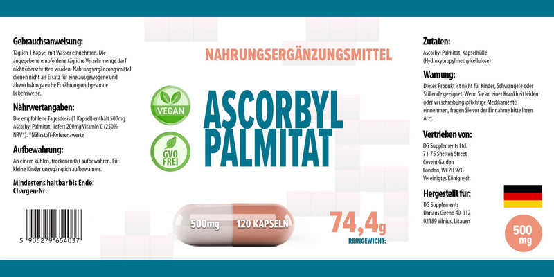 Ascorbyl Palmitate 500mg 120 Vegan Capsules, 3rd Party Lab Tested, High Strength Supplement, No Fillers or Bulkers, Gluten and GMO Free - BeesActive Australia