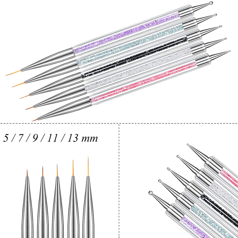 Ycyan 5Pcs Nail Art Brush Set Rhinestone Handle Dual-ended Nail Art Liner Brushes (5/7/9/11/13 mm) and Nail Dotting Tools Multi-colored-5Pcs - BeesActive Australia