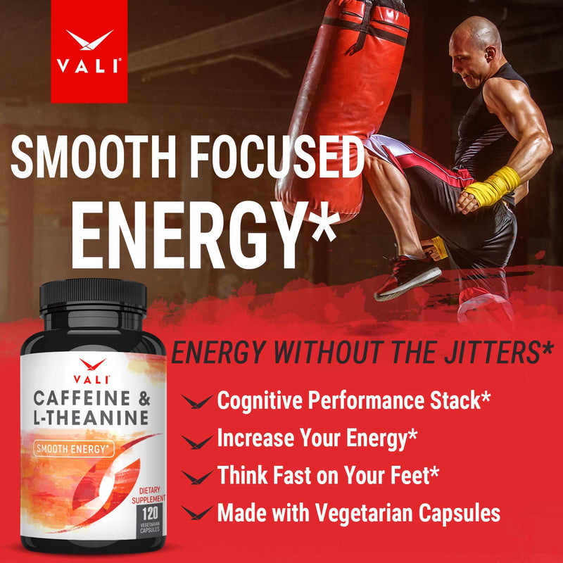 VALI Caffeine 50mg & L Theanine 100mg - Caffeine Pills & L-Theanine for Smart Smooth Energy & Focus Supplement. Nootropic Brain Booster Cognitive Support Stack & Focused Clarity. 120 Veggie Capsules - BeesActive Australia