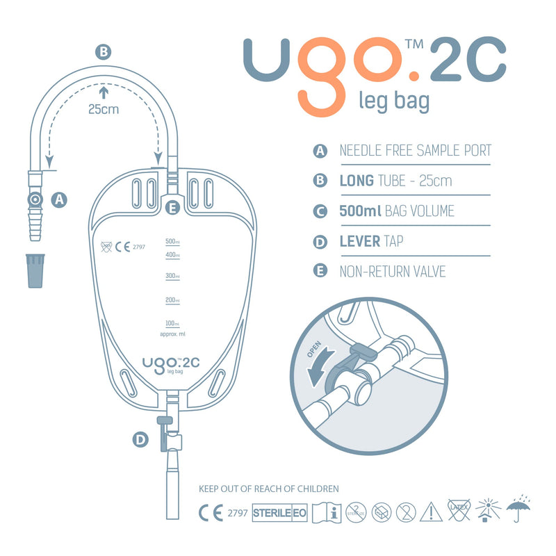 Ugo Leg Bags (x10) – Urine Drainage Bags/Catheter Leg Bags, T Tap or Lever Tap with Soft Fabric Backing and a Natural Leg-Shape Design, Leg Bag for Men and Women (5C - 350ml, Direct Inlet, Lever Tap) 2C - 500ml, Long Tube, Lever Tap - BeesActive Australia