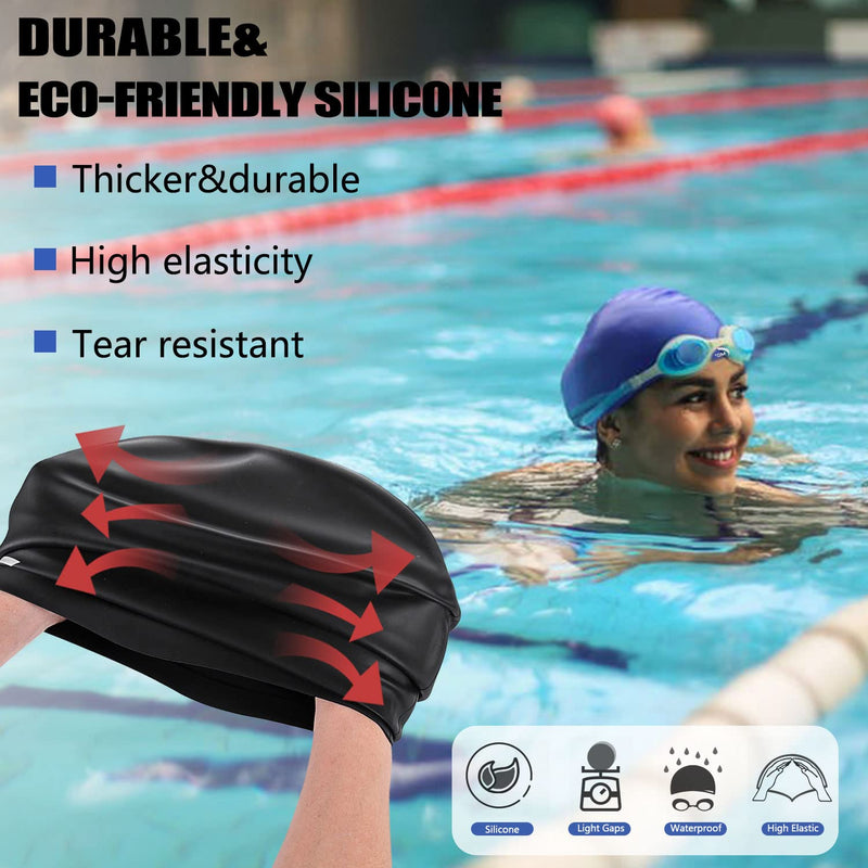 Women Silicone Swimming Cap, High Elasticity Thick Swim Hats for Long Hair, Bathing Swimming Caps for Women and Men Keep Your Hair Dry, with Ear Plugs and Nose Clip, Easy to Put On and Off black - BeesActive Australia